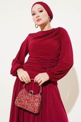 Bel Büzgülü Sandy Elbise Bordo - Tesettür Elbise