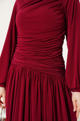 Bel Büzgülü Sandy Elbise Bordo - Tesettür Elbise