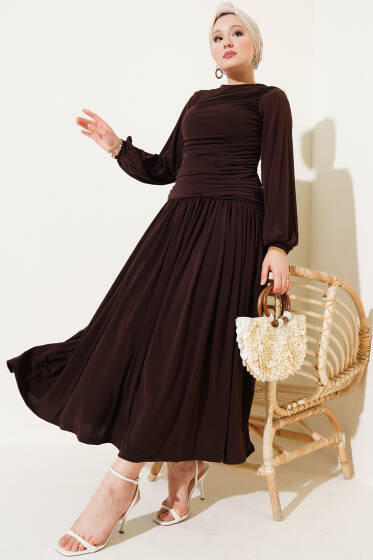 Bel Büzgülü Sandy Elbise Kahve - Elbise