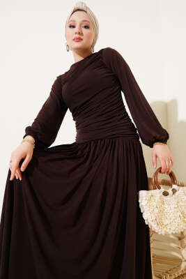 Bel Büzgülü Sandy Elbise Kahve - Tesettür Elbise