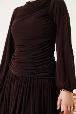 Bel Büzgülü Sandy Elbise Kahve - Tesettür Elbise