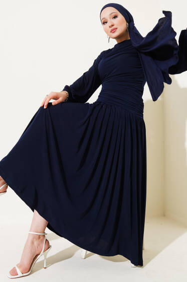 Bel Büzgülü Sandy Elbise Lacivert - Elbise