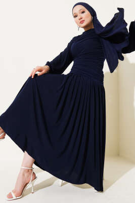 Bel Büzgülü Sandy Elbise Lacivert 