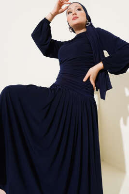 Bel Büzgülü Sandy Elbise Lacivert - Tesettür Elbise