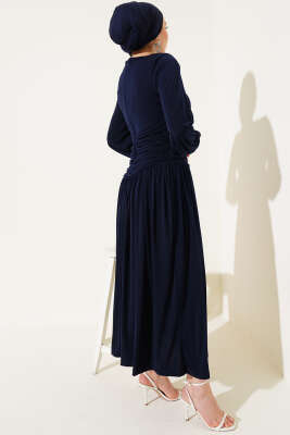 Bel Büzgülü Sandy Elbise Lacivert - Tesettür Elbise