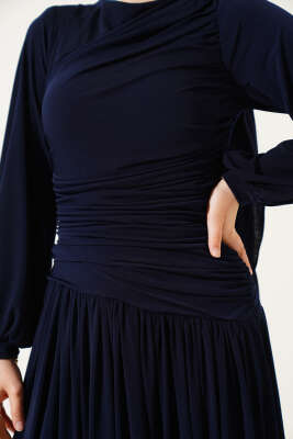 Bel Büzgülü Sandy Elbise Lacivert - Tesettür Elbise