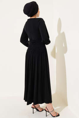 Bel Büzgülü Sandy Elbise Siyah - Tesettür Elbise