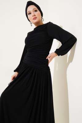 Bel Büzgülü Sandy Elbise Siyah - Tesettür Elbise
