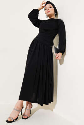 Bel Büzgülü Sandy Elbise Siyah 