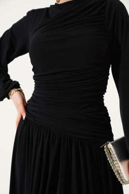 Bel Büzgülü Sandy Elbise Siyah - Tesettür Elbise