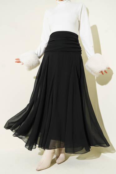 Bel Büzgülü Şifon Etek Siyah - Etek
