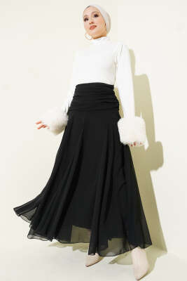 Bel Büzgülü Şifon Etek Siyah - Etek