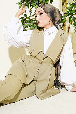 Bel Büzgülü Yelekli İki Takım Çağla Yeşili - TABLO FASHİON