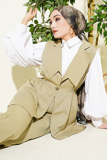 Bel Büzgülü Yelekli İki Takım Çağla Yeşili - İkili Takım