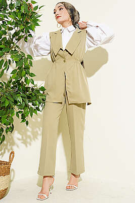 Bel Büzgülü Yelekli İki Takım Çağla Yeşili - İkili Takım