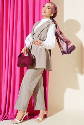 Bel Büzgülü Yelekli İki Takım Gri - TABLO FASHİON