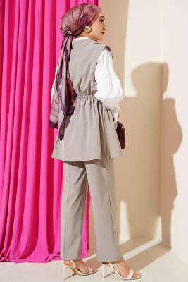 Bel Büzgülü Yelekli İki Takım Gri - İkili Takım