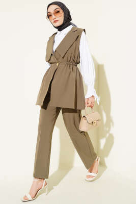 Bel Büzgülü Yelekli İki Takım Haki - TABLO FASHİON