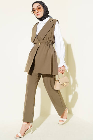 Bel Büzgülü Yelekli İki Takım Haki - İkili Takım