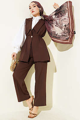 Bel Büzgülü Yelekli İki Takım Kahve - TABLO FASHİON