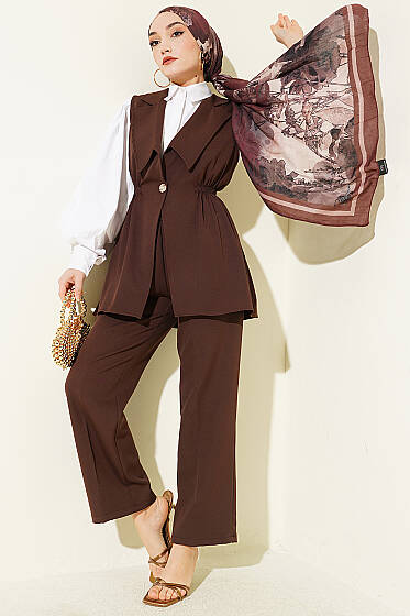 Bel Büzgülü Yelekli İki Takım Kahve - İkili Takım
