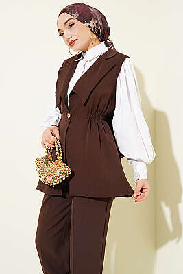 Bel Büzgülü Yelekli İki Takım Kahve - İkili Takım