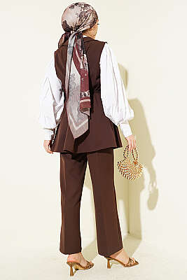 Bel Büzgülü Yelekli İki Takım Kahve - İkili Takım