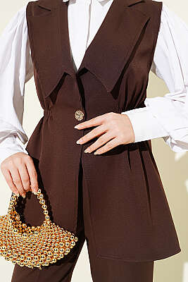 Bel Büzgülü Yelekli İki Takım Kahve - İkili Takım