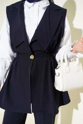 Bel Büzgülü Yelekli İki Takım Lacivert - İkili Takım