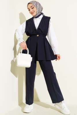 Bel Büzgülü Yelekli İki Takım Lacivert - TABLO FASHİON