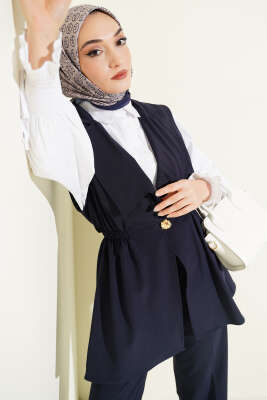 Bel Büzgülü Yelekli İki Takım Lacivert - İkili Takım