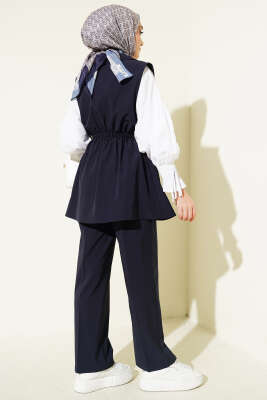 Bel Büzgülü Yelekli İki Takım Lacivert - İkili Takım