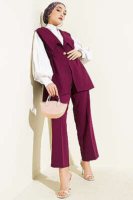 Bel Büzgülü Yelekli İki Takım Mürdüm - TABLO FASHİON