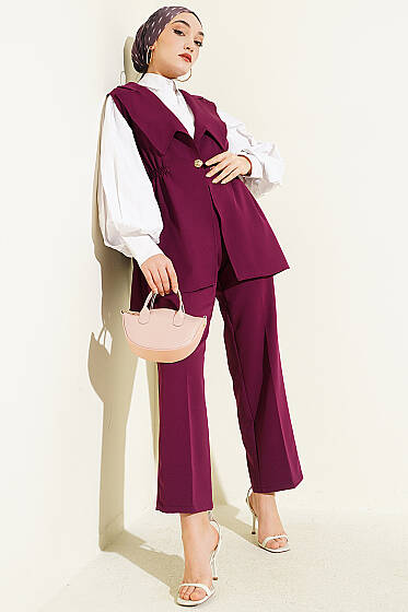 Bel Büzgülü Yelekli İki Takım Mürdüm - İkili Takım