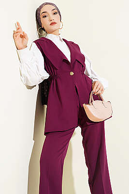 Bel Büzgülü Yelekli İki Takım Mürdüm - İkili Takım