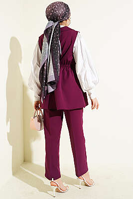 Bel Büzgülü Yelekli İki Takım Mürdüm - İkili Takım