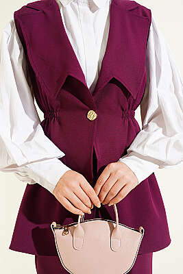 Bel Büzgülü Yelekli İki Takım Mürdüm - İkili Takım