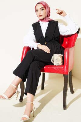 Bel Büzgülü Yelekli İki Takım Siyah - TABLO FASHİON