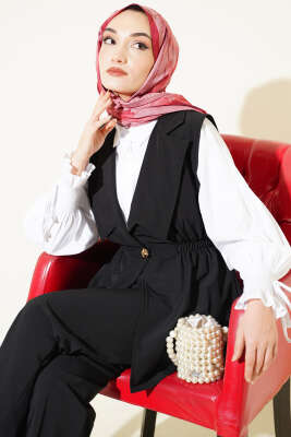 Bel Büzgülü Yelekli İki Takım Siyah - İkili Takım