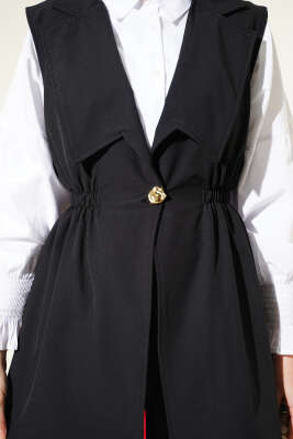 Bel Büzgülü Yelekli İki Takım Siyah - İkili Takım