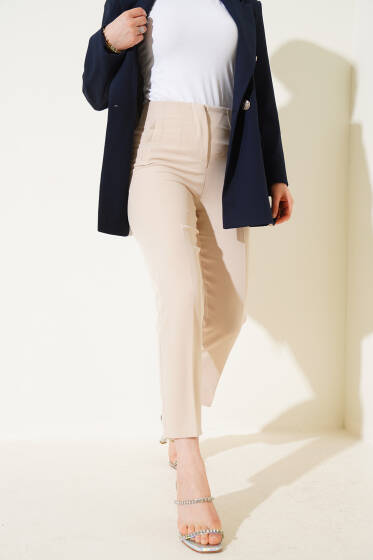 Bel Çımalı Dar Paça Kumaş Pantolon Bej - Pantolon