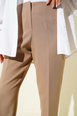 Bel Çımalı Dar Paça Kumaş Pantolon Vizon - Pantolon