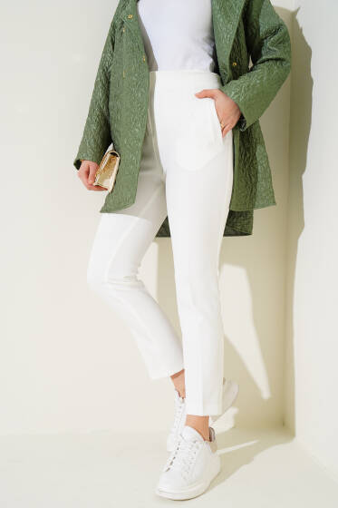 Bel Çımalı Dar Paça Pantolon Ekru - Pantolon