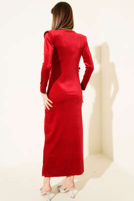 Bel Detaylı Degaje Yaka Kadife Elbise Bordo - Kadın Giyim Modelleri