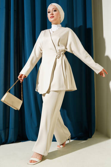 Bel Dikişli Bağlamalı Scuba İkili Takım Bej - İkili Takım