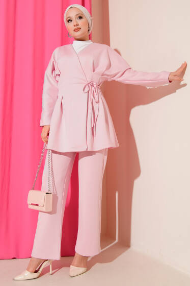 Bel Dikişli Bağlamalı Scuba İkili Takım Pembe - İkili Takım