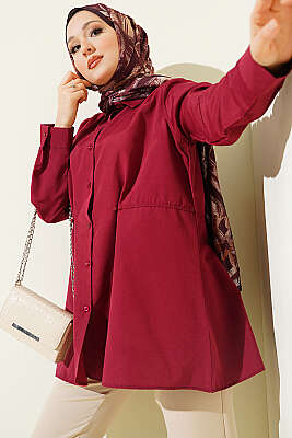 Bel Düğmeli Basic Gömlek Bordo - HATUN