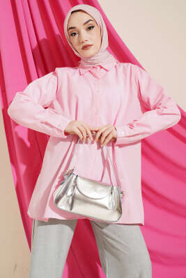 Bel Düğmeli Basic Gömlek Pembe - HATUN
