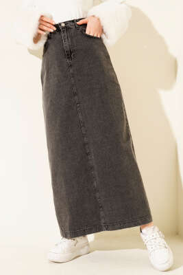 Bel Düğmeli Cepli Kot Etek Füme 