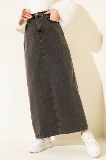 Bel Düğmeli Cepli Kot Etek Füme - Etek